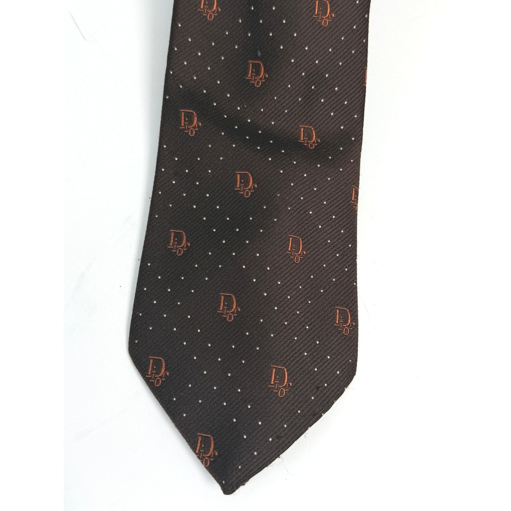 Christian Dior Necktie Mens OS Brown Vintage Logo Pin Dot Silk Blend Formal Tie